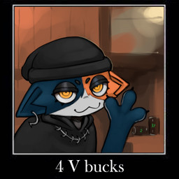 :3 anthro beanie black_beanie black_clothing black_eyelids black_hat black_headwear black_hoodie black_topwear blue_body blue_fur clothing ear_piercing female fur hat headgear headwear hoodie looking_at_viewer multicolored_body multicolored_fur orange_body orange_eyes orange_fur paws piercing ringed_eyes solo text topwear white_body white_fur flintchips dabloons_(meme) epic_games fortnite monster_energy meow_skulls domestic_cat felid feline felis mammal 1:1 english_text image_macro meme