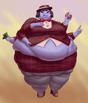 5_eyes 6_arms anthro belly big_belly big_breasts bite_mark black_hair bottomwear bow_tie breasts chubby_cheeks clothing dessert double_chin doughnut eating fangs female food footwear front_view fupa hair hand_on_belly hat headgear headwear high_heels holding_doughnut holding_food holding_money holding_object huge_breasts huge_thighs ineffective_clothing jacket money morbidly_obese morbidly_obese_anthro morbidly_obese_female multi_arm multi_eye multi_limb non-mammal_breasts obese obese_anthro obese_female overweight overweight_anthro overweight_female pastry pattern_clothing purple_body shirt shoes short_hair simple_background skirt solo standing striped_clothing stripes teeth thick_thighs tight_bottomwear tight_clothing tight_skirt tight_topwear topwear undershirt wide_hips cro-iba undertale undertale_(series) muffet arachnid arthropod spider hi_res