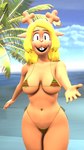 anthro antlers beach bikini blonde_hair breasts brown_body brown_fur buckteeth clothing female freckles fur hair horn long_hair looking_at_viewer medium_breasts navel outside pattern_bikini pattern_clothing pattern_swimwear reaching_towards_viewer red_nose sand seaside sky smile smiling_at_viewer solo striped_bikini striped_bikini_bottom striped_bikini_top striped_clothing striped_swimwear stripes swimwear teeth thick_thighs two-piece_swimsuit water wide_hips daemont92 deltarune undertale_(series) noelle_holiday deer mammal new_world_deer reindeer 3d_(artwork) 9:16 absurd_res digital_media_(artwork) hi_res source_filmmaker_(artwork)