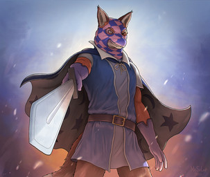 anthro belt blind_eye brown_eyes cape clothed clothing fur gloves handwear holding_melee_weapon holding_object holding_sword holding_weapon looking_at_viewer male mask medieval melee_weapon orange_body orange_fur solo standing sword tail weapon wearing_mask mr.solar nelvana redwall slagar_the_cruel canid canine fox mammal red_fox true_fox 2023 colored hi_res portrait shaded three-quarter_portrait