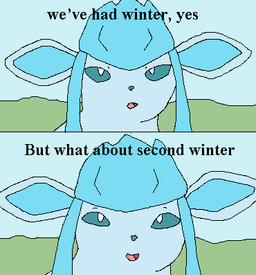 ambiguous_gender blue_body blue_eyes blue_nose dialogue grass open_mouth outside plant simple_background sky smile solo text richard_roe nintendo pokemon eeveelution generation_4_pokemon glaceon mammal pokemon_(species) 2026 2koma comic english_text low_res meme