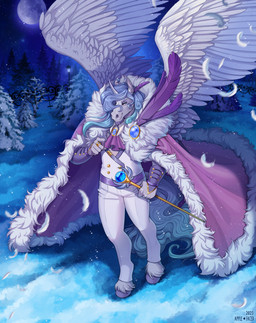 anthro blue_eyes blue_hair bottomwear cape closed_smile clothed clothing feathered_wings feathers front_view fur grey_body grey_fur grey_horn grey_wings hair holding_object holding_staff horn male male_anthro mouth_closed narrowed_eyes night outside pants plant purple_cape purple_clothing sky smile snow snowing solo staff standing star text topwear tree white_bottomwear white_clothing white_pants white_topwear wings apple-faced mythology equid equine mammal mythological_creature mythological_equine pegasus 2023 absurd_res artist_name dated full-length_portrait hi_res portrait