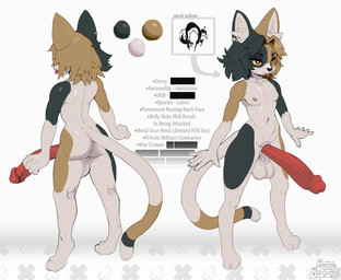 3_toes 5_fingers anthro balls big_balls big_penis black_body black_fur blep butt ear_piercing erection feet fingers front_and_back fur genitals hair humanoid_genitalia humanoid_penis long_penis male multicolored_body multicolored_fur multicolored_hair multicolored_tail nipples pecs penis piercing profanity red_eyes short_hair solo tail tan_body tan_fur text toes tongue tongue_out two_tone_hair white_body white_fur yellow_sclera bunnybaphomet konami metal_gear darcy_(yellowleggy) calico_cat canid canine domestic_cat felid feline felis fox grey_fox mammal urocyon 2025 english_text hi_res model_sheet signature