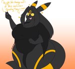 5_fingers anthro big_breasts black_body black_clothing black_fur breasts cleavage clothed clothing dialogue female fingers fur gradient_background heart_symbol magic magic_user markings open_mouth overweight overweight_anthro overweight_female simple_background simple_eyes solo standing thick_thighs wide_hips witch yellow_eyes yellow_markings dewwydarts nintendo pokemon allyson_(dewwydarts) eeveelution generation_2_pokemon pokemon_(species) umbreon 2020