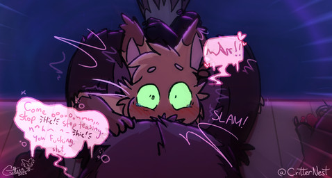 3_toes 4_fingers alcohol_bottle ambiguous_gender anthro bean_eyebrows biped bodily_fluids bottle brown_body brown_fur claws container curling_toes dialogue digit_ring digitigrade drunk duo erection feet fingers fluffy fluffy_chest fur genitals green_eyes hand_on_penis heart_symbol hiccuping jewelry legs_around_head looking_at_viewer male male/ambiguous oral orange_body orange_fur partially_submerged paws penis penis_in_mouth pier questionable_consent ring rough_sex scar sex shocked size_difference slurred_speech speech_bubble spilled_drink substance_intoxication surprised tail tail_motion tailwag tears text toe_ring toes water whiskers critternest captain_roarke condor_(critternest) domestic_cat felid feline felis mammal digital_media_(artwork) english_text hi_res