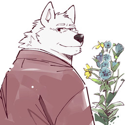 anthro asian_clothing clothing east_asian_clothing eyewear flower fur glasses head_tuft japanese_clothing kimono looking_at_viewer looking_back male plant red_clothing red_eyes simple_background smile solo tuft wearing_glasses white_background white_body white_fur garouzuki modenji_(garouzuki) canid canine fox mammal 2017 digital_drawing_(artwork) digital_media_(artwork)