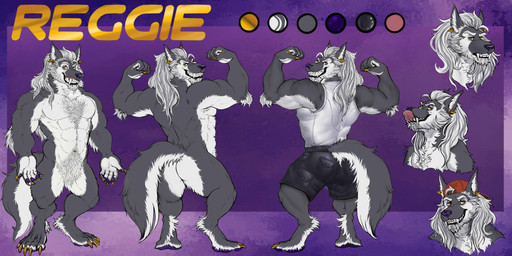 abs anthro big_fangs black_bottomwear black_clothing black_shorts bottomwear clothed clothing crotch_tuft ear_piercing fangs featureless_crotch flexing flexing_bicep front_view fur grey_body grey_fur grin hair hat headgear headwear long_hair looking_at_viewer male male_anthro muscular muscular_anthro muscular_male narrowed_eyes nude pecs piercing pose rear_view red_clothing red_hat red_headwear shorts smile solo standing teeth topwear tuft white_body white_clothing white_fur white_hair white_topwear yellow_eyes chumbasket reggie_(cees-mind) canid canine canis mammal wolf absurd_res hi_res model_sheet