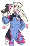 anthro black_nose bulge clothing cosplay femboy fur gun handgun male pose ranged ranged_weapon red_eyes simple_background solo weapon white_body white_fur fishears blizzard_entertainment overwatch d.va_(overwatch) lagomorph leporid mammal rabbit 2017 hi_res