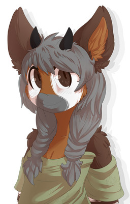 anthro black_horn breasts brown_body brown_eyes brown_fur brown_inner_ear_fluff cleavage clothed clothing female fur green_clothing green_shirt green_topwear grey_hair hair horn inner_ear_fluff long_hair shirt simple_background smile solo topwear tuft white_background crownedvictory giraffid mammal okapi 2015 bust_portrait digital_drawing_(artwork) digital_media_(artwork) portrait shaded