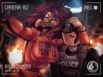 5_fingers anthro barcode big_breasts bodysuit breasts camera_view clothing cracked duo escape female fingers fire hair hand_on_head head_grab larger_anthro larger_female male male/female non-mammal_breasts open_mouth open_smile police prisoner reaching_towards_viewer red_hair selfie size_difference skinsuit smaller_human smaller_male smile text tight_clothing wide_hips yellow_eyes the_rabbit_follower halo_(series) microsoft xbox_game_studios vonna_yar alien human kig-yar mammal ruuhtian scalie 4:3 english_text hi_res