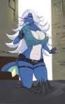 anthro big_breasts breasts clothing female hair police police_uniform quicksand sinking solo uniform white_hair shirasiyuki nintendo pokemon asami_the_samurott_cop generation_5_pokemon pokemon_(species) samurott absurd_res hi_res