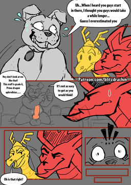 anthro balls dialogue erection genitals knot male male/male nervous penis smile smirk smug surprised text blitzdrachin conditional_dnp american_dragon:_jake_long disney mythology fred_nerk fu_dog_(character) jake_long canid canine canis domestic_dog dragon mammal mythological_creature mythological_scalie scalie 2026 comic english_text hi_res tagme