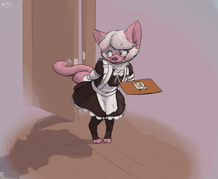 anthro blue_eyes blush bow_ribbon clothed clothing crossdressing dress duo embarrassed eyewear femboy fur glasses hair knock-kneed legwear maid_apron maid_uniform male photo pink_body pink_fur simple_background stockings tape uniform white_body white_fur glibnel the_simpsons homer_simpson domestic_cat felid feline felis mammal siamese_cat 2025 absurd_res hi_res