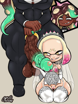accessory areola balls big_balls big_forehead big_penis black_tie_(suit) bottom_heavy breasts clothing cock_ring dark_body dark_skin digit_ring duo female genitals glans green_glans grin gynomorph gynomorph/female intersex intersex/female jewelry kiss_mark_on_penis kneeling larger_gynomorph larger_intersex marrying_body_part multicolored_body nippleless_clothing nipples penis penis_accessory penis_jewelry penis_marriage penis_on_face pseudo_hair ring saggy_balls shortstack shortstack_female size_difference smaller_female smile suit vein vulva wedding wedding_ring wide_hips coffeetheseeker nintendo splatoon marina_(splatoon) pearl_(splatoon) animal_humanoid aquatic aquatic_humanoid cephalopod humanoid inkling mollusk octarian octoling 2025 digital_media_(artwork) hi_res