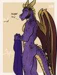 aged_up animal_genitalia anthro barely_visible_genitalia beard biceps brown_hair dialogue facial_hair flaccid flying genitals hair holding_object holding_towel horn male membrane_(anatomy) membranous_wings muscular muscular_anthro muscular_male pecs penis purple_body purple_skin sideburns simple_background solo spines spots standing tail text towel wings yellow_body yellow_skin bgn activision european_mythology mythology spyro_the_dragon sparx spyro arthropod dragon dragonfly insect mythological_creature mythological_scalie scalie western_dragon english_text