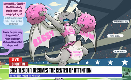 anthro big_diaper biped blue_tongue blush bodily_fluids body_control bodypaint bottomwear bracelet clothed clothing collar control_collar crop_top crossdressing crowd cum cum_in_diaper cumshot detailed_background dialogue diaper ejaculation femboy genital_fluids grey_body grey_wings group heart_symbol horn humiliation jewelry live_broadcast male membrane_(anatomy) membranous_wings open_mouth orgasm pink_bottomwear pink_bracelet pink_clothing pink_collar pink_crop_top pink_shirt pink_skirt pink_topwear pom_poms shirt skirt solo_focus speech_bubble spiked_wings stadium text tongue topwear unclean_diaper wings soul-silver-dragon mythology soul-silver-dragon_(character) dragon mythological_creature mythological_scalie scalie 2025 digital_media_(artwork) english_text hi_res