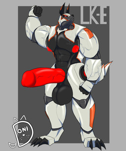 abs ambiguous_fluids anthro blue_nipples blue_penis bodily_fluids corruption drooling erection flexing genitals humanoid_genitalia looking_at_viewer looking_down machine male muscular nipples pecs penis saliva solo vein veiny_muscles veiny_penis donisette slugterra lk-e_(slugterra) canid canine canis mammal mecha-beast robot wolf 5:6 absurd_res hi_res