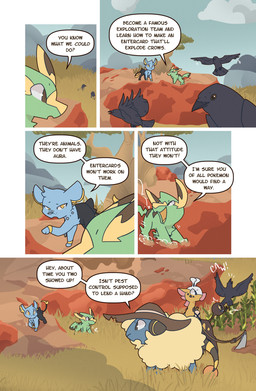 ambiguous_gender beak black_body black_feathers black_fur blue_body blue_fur brown_eyes chest_tuft clothing cloud day dialogue digitigrade dust feathered_wings feathers feral flying fur grass group hat head_tuft headgear headwear inner_ear_fluff jewelry looking_at_another markings necklace outside plant quadruped sky speech_bubble standing striped_markings striped_tail stripes tail tail_markings tail_tuft talking_to_another text tree tuft walking wings wool_(fur) yellow_body yellow_eyes yellow_fur wooled nintendo pokemon pokemon_mystery_dungeon spike_chunsoft malachi_(wooled) sable_(wooled) avian bird corvid corvus_(genus) crow electrike generation_2_pokemon generation_3_pokemon generation_4_pokemon girafarig mareep oscine passerine pokemon_(species) shinx comic english_text hi_res