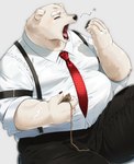 anthro clock clothing fangs male necktie open_mouth overalls overweight overweight_anthro overweight_male pocketwatch scar simple_background solo teeth watch yawn yawning_position nikiciy bear mammal polar_bear ursine hi_res