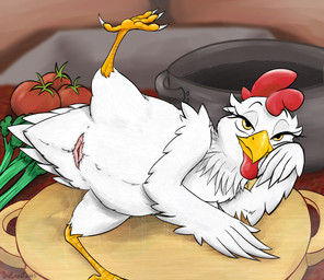 4_toes animal_genitalia anisodactyl avian_butt avian_feet beak bedroom_eyes celery cloaca detailed_background feathers feet female feral food fruit genitals kitchen lying narrowed_eyes on_side plant presenting presenting_cloaca raised_leg seductive solo spread_legs spreading tail tail_feathers toes tomato vegetable white_body white_feathers urefunest ajinomoto dona_gusta la_gallina_de_dona_gusta avian bird chicken galliform phasianid hi_res signature