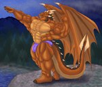 2018 abs anthro anthrofied big_muscles bulge claws clothed clothing detailed_background draco_(dragonheart) dragon dragonheart flexing flexing_bicep horn huge_muscles lake male mountain muscular muscular_anthro muscular_male mythological_creature mythological_scalie mythology orange_body pecs plant scalie solo speedo swimwear tail tree underwear universal_studios vein veiny_muscles water wings yellow_eyes yourinnerbeast