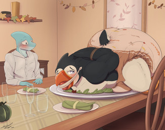 anthro apple apple_in_mouth arms_tied autumn bdsm big_diaper blush bondage bound clean_diaper clothed clothing collared_shirt diaper dress_shirt duo food fruit furniture gag gagged holidays male nervous plant platter print_diaper shirt sitting table topwear wearing_diaper steelshark thanksgiving fisher_(steelshark) steel_(steelshark) alcid avian bird fish lari marine puffin shark hi_res