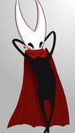 2_horns biped black_body black_eyes blush breasts cloak clothing featureless_chest featureless_crotch female hands_behind_head heart_symbol horn pose red_cloak red_clothing red_heart solo standing white_head fhugin hollow_knight team_cherry hornet_(hollow_knight) arthropod 2025 absurd_res hi_res pinup