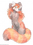 anthro breasts female green_eyes nipples seductive simple_background solo tail tongue white_background curiodraco ailurid mammal red_panda