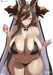 big_breasts bikini biped blush breast_focus breasts brown_hair clothed clothing eyelashes eyes_closed female hair huge_breasts solo swimwear thick_thighs two-piece_swimsuit delta26 humanoid hi_res