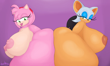 anthro ass_to_ass big_breasts big_butt big_nipples breasts butt butt_focus butt_touch female huge_breasts huge_butt nipples overweight smile smirk smothering smug smug_face smug_grin thick_thighs tongue tongue_out lewdape sega sonic_the_hedgehog_(series) amy_rose rouge_the_bat bat eulipotyphlan hedgehog mammal hi_res
