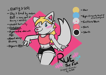 anthro blonde_hair blush blush_lines gender_symbol hair male male_symbol one_eye_closed solo symbol text tongue tongue_out wink alternativefoot rue_(alternativefoot) canid canine mammal english_text hi_res model_sheet