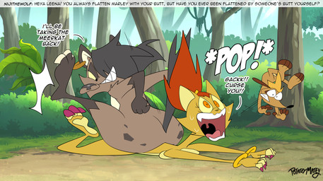 anthro black_hair brown_body brown_fur butt female forest fur group hair male outside plant sitting sitting_on_another text tree trio yellow_body yellow_fur potateymatey fria_(potateymatey) leena_(potateymatey) marley_(potateymatey) felid herpestid hyena lion mammal meerkat pantherine 2026 english_text hi_res
