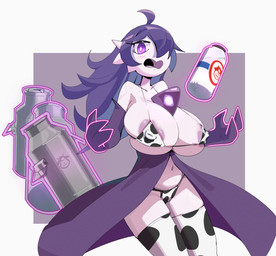 3_fingers ahoge alternate_species animal_print animal_print_bikini animal_print_thigh_highs areola areola_slip arms_bent armwear bangs big_breasts bikini biped blush blush_lines bottle breast_squish breasts canister chest_spike clothed clothed_female clothed_humanoid clothing container cow_print cow_print_bikini cow_print_thigh_highs elbow_gloves eyelashes female female_humanoid fingers glass glass_container gloves hair hair_over_eye handwear huge_breasts legwear levitating_object levitation looking_at_viewer metal_container milk milk_bottle milk_container moomoo_milk navel nipple_outline noseless not_furry open_mouth pattern_bikini pattern_clothing pattern_legwear pattern_swimwear pattern_thigh_highs pupils purple_areola purple_armwear purple_clothing purple_elbow_gloves purple_eyes purple_gloves purple_hair purple_handwear simple_background solo spikes spikes_(anatomy) squish standing swimwear telekinesis thigh_highs three-quarter_view two-piece_swimsuit white_body white_pupils white_sclera gooneet nintendo pokemon hex_maniac gardevoir generation_3_pokemon humanoid pokemon_(species) 2026 archived_source cel_shading digital_drawing_(artwork) digital_media_(artwork) hi_res portrait shaded three-quarter_portrait