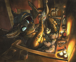 anthro bathing bathtub breasts candle ear_piercing ear_ring female furgonomic_piercing furgonomics glistening glistening_body glowing glowing_eyes industrial_piercing inside non-mammal_breasts nude piercing razor ring_piercing rubber_duck shampoo_bottle solo sponge tail tail_piercing tools water ewgengster aquatic fish shark 2021 hi_res traditional_media_(artwork)