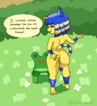 animal_crossing ankha_(animal_crossing) anthro anus artist_name blonde_hair blue_eyes blue_hair blue_markings butt chair dialogue digital_drawing_(artwork) digital_media_(artwork) domestic_cat english_text feet felid feline felis female flower froggy_chair fur furniture genitals grass hair hand_on_butt hand_on_own_butt hi_res holding_butt looking_at_viewer looking_back looking_back_at_viewer mammal markings multicolored_hair nintendo nude oatinjack open_mouth outside plant pussy rear_view short_stack solo spread_butt spreading standing striped_markings striped_tail stripes tail tail_markings text two_tone_hair yellow_body