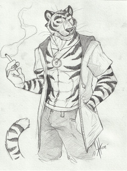 anthro athletic athletic_anthro athletic_male bottomwear cigarette clothed clothing facial_markings front_view hand_in_pocket head_markings holding_cigarette holding_object jacket jewelry male male_anthro markings narrowed_eyes navel navel_piercing necklace open_clothing open_jacket open_topwear pants piercing pockets simple_background smoke solo striped_arms striped_face striped_markings striped_tail stripes tail tail_markings topwear whiskers hufnaar felid mammal pantherine tiger 2019 dated hi_res monochrome sketch