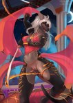 anthro black_body bottomless bracelet breasts clitoral_hood clitoris clitoris_piercing clothed clothing countershading dancer_outfit dancing dual_wielding eyelashes female fire front_view genital_piercing genitals gold_(metal) gold_jewelry hair holding_object holding_weapon horn jewelry looking_at_viewer low-angle_view melee_weapon moon navel open_mouth piercing pussy red_eyes scimitar sky smile solo star sword tail translucent translucent_clothing weapon white_hair merrunz mythology dragon mythological_creature mythological_scalie scalie absurd_res hi_res