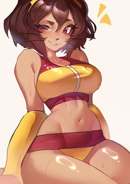 anthro big_breasts breasts brown_hair butt clothing female hair looking_at_viewer red_eyes short_hair simple_background smile solo thick_thighs wide_hips suliavtuber gameoverse glitch_productions kit_bodega domestic_cat felid feline felis mammal hi_res