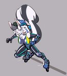 2_heads anthro bodysuit clothing elbow_pads electronics female headphones inline_skates knee_pads multi_head roller_skates skinsuit solo tight_clothing banderi arki_(arcturus) ailurid hybrid mammal mephitid red_panda skunk hi_res