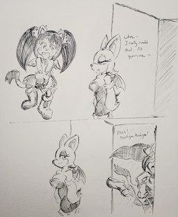 anthro bathroom_desperation breasts cleavage clothed clothing desperation duo female hair hands_on_crotch omorashi ponytail potty_dance running wings pikapika212 sega sonic_the_fighters sonic_the_hedgehog_(series) honey_the_cat rouge_the_bat bat domestic_cat felid feline felis mammal absurd_res hi_res traditional_media_(artwork)
