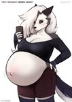 absurd_res alternate_version_at_source anthro artist_name bahnbahn belly big_belly big_breasts bottomwear breasts canid canid_demon canine cellphone cleavage clothed clothing demon electronics english_text female fingers fur grey_body grey_fur hair hand_on_hip hellhound helluva_boss hi_res legwear long_hair looking_down loona_(helluva_boss) mammal motion_lines motion_outline multicolored_body multicolored_fur mythological_canine mythological_creature mythology narrowed_eyes pants phone portrait pregnant pregnant_anthro pregnant_female red_sclera selfie shorts simple_background smartphone solo standing stockings tail text thigh_highs three-quarter_portrait topwear two_tone_body two_tone_fur url white_background white_body white_eyes white_fur white_hair