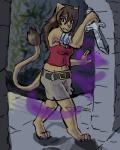 4_toes 5_fingers anthro biped clothed clothing dagger digitigrade dungeon fantasy feet female fingers fur hair magic melee_weapon solo standing toes weapon mrease raziya_(racheltheseeker) felid mammal digital_media_(artwork)