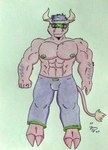 2_horns abs anthro areola barazoku biceps big_muscles big_pecs bottomwear bovid_horn bovine_ears bovine_horn bovine_tail bulge clothing eyewear fingers fur glasses green_eyewear green_glasses green_nipples hair hairy_forearm hooves horn looking_at_viewer magenta_body magenta_fur male manly muscular muscular_anthro muscular_male nipples obliques pants pecs purple_bottomwear purple_clothing purple_hair purple_pants shirtless shirtless_anthro shirtless_male simple_background smile solo tail wearing_glasses dashthefox bovid bovine cattle mammal 2024 absurd_res hi_res traditional_media_(artwork)