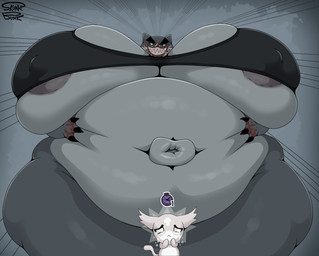 anthro belly big_belly big_breasts big_butt blood bodily_fluids breasts butt crying duo female female/female huge_belly huge_breasts huge_navel hyper hyper_belly hyper_breasts imminent_death imminent_facesitting looming looming_over navel nipple_outline nipples obese obese_anthro obese_female overweight overweight_anthro overweight_female scared simple_background size_difference status_effect tears thick_thighs wide_hips skunk_bunk mewgenics guillotina_(mewgenics) marshmallow_(mewgenics) domestic_cat felid feline felis mammal absurd_res hi_res