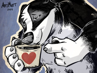 anthro beverage black_body black_fur black_pawpads blue_background claws coffee coffee_mug fur gesture half-closed_eyes hand_gesture head_tuft heart_symbol male narrowed_eyes nude pawpads pointing simple_background smile solo striped_body striped_fur stripes tuft white_body white_fur k-9 ko-fi badger mammal mustelid musteline 2021 hi_res signature