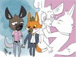 blush clothing duo eyes_closed hand_holding heart_symbol kissing male male/male shtarfish aggretsuko sanrio haida_(aggretsuko) ookami_(aggretsuko) canid canine hyena mammal maned_wolf spotted_hyena 4:3