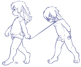ambiguous_gender anthro arms_tied balls bottomwear bound buckteeth chest_tuft clothing collar duo erection eye_markings floppy_ears footprint gag genitals hair humanoid_genitalia humanoid_penis leash male male_anthro markings navel nervous nude_anthro nude_male pawprint pawprint_(marking) penis scut_tail shirt short_tail shorts simple_background standing tail teeth topwear tuft walking white_background young young_anthro young_male aogami lagomorph leporid mammal rabbit 2019 line_art monochrome signature