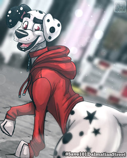 big_butt black_ears black_nose black_spots butt clothing collar digitigrade femboy feral floppy_ears fur heterochromatic_ears hoodie male pink_inner_ear red_clothing red_collar red_eyes red_hoodie red_topwear solo spots toony topwear white_body white_fur white_spots xtrent968 101_dalmatian_street 101_dalmatians disney dylan_(101_dalmatians) canid canine canis dalmatian domestic_dog mammal hi_res