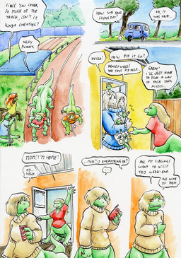 10_legs 2_heads 3_toes 4_fingers air_puff annoyed armless arms_outstretched auburn_hair back_groove barefoot big_hands blonde_hair blue_clothing blue_eyes blue_shirt blue_sky blue_t-shirt blue_topwear bottomless bottomwear brown_body brown_hair building car_mirror cellphone childcare claws climbing_on_another clothed clothing competition conjoined conjoined_twins curtains day dialogue door doorway dot_eyes earless electronics feet female fence fingers floor forest furgonomic_vehicle furgonomics furniture gesture glass glass_window grass green_body grey_body group gym_mat hair hand_gesture holding_another holding_object holding_phone house in_vehicle inside inside_vehicle long_hair looking_at_another looking_back looking_down male medium_truck minivan multi_head multi_leg multi_limb nervous open_door open_mouth orange_clothing orange_eyes orange_shirt orange_t-shirt orange_topwear orange_wall outside paws phone plant railing raised_arms red_clothing red_shirt red_t-shirt red_topwear road running running_track sharp_teeth shirt short_hair short_tail shrub side_view simple_background simple_eyes sitting sky smile snout speech_bubble sport sprawling_gait standing straight_hair t-shirt tail tapering_tail teeth text thick_tail toes topwear tree truck van vehicle vocalization walking wall_(structure) waving white_background white_bottomwear white_clothing white_hair white_shirt white_topwear window wood wood_fence wood_floor yellow_claws yellow_clothing yellow_shirt yellow_t-shirt yellow_topwear yellow_wall young young_female young_male young_taur cervelet abby_(growing_troubles) anna_&_maria_(growing_troubles) crystal_(growing_troubles) james_(growing_troubles) kazuli_(growing_troubles) liz_(growing_troubles) maria_(growing_troubles) miles_(growing_troubles) zillie_(growing_troubles) lizard lizard_taur long_taur reptile reptile_taur scalie scalie_taur taur 2020 comic english_text handwritten_text multiple_scenes painting_(artwork) shaded signature traditional_media_(artwork) traditional_painting_(artwork) traditional_watercolor_(artwork) watercolor_(artwork) brother_(lore) brother_and_sister_(lore) daughter_(lore) father_(lore) father_and_child_(lore) father_and_daughter_(lore) grandchild_(lore) grandfather_(lore) grandmother_(lore) grandparent_(lore) grandparent_and_grandchild_(lore) mother_(lore) mother_and_child_(lore) mother_and_daughter_(lore) mother_and_son_(lore) parent_(lore) parent_and_child_(lore) parent_and_daughter_(lore) parent_and_son_(lore) sibling_(lore) sister_(lore) sisters_(lore) son_(lore) twins_(lore)
