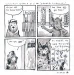 2016 4koma absurd_res anne_barnetson base_two_layout black_nose canid canine canis capybara caviid comic customer_service_wolf dialogue domestic_dog domestic_pig english_text feral four_frame_image grid_layout group hi_res mammal question_mark rodent snout speech_bubble suid suina sus_(pig) text traditional_media_(artwork) two_row_layout wolf